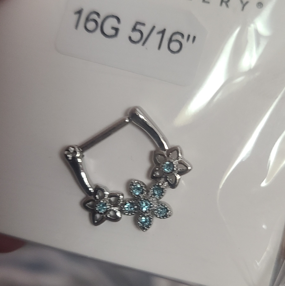 Body Candy Rhinestones and Blue Flowers Septum Ring 16g Hypoallergenic